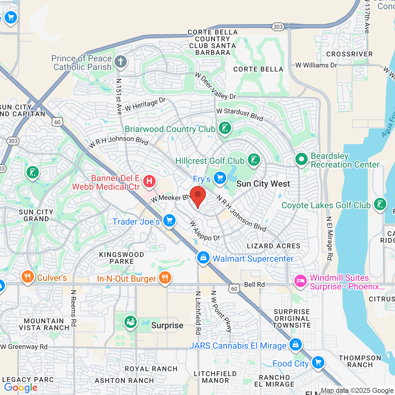 Google map image of our location in 13802 W. Camino Del Sol Sun City West, AZ